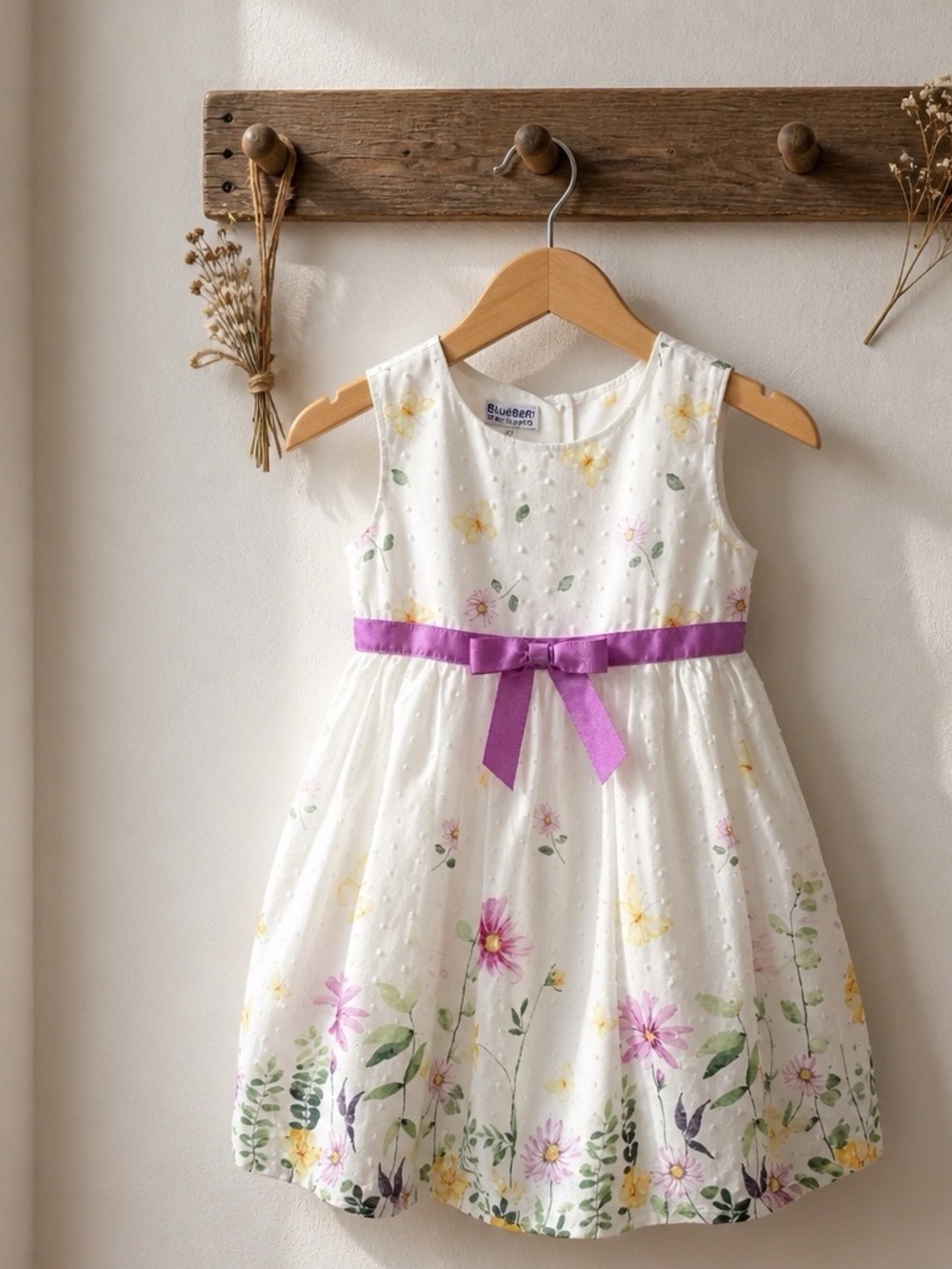 Blueberi Boulevard White Floral Dress with Purple Waist Ribbon